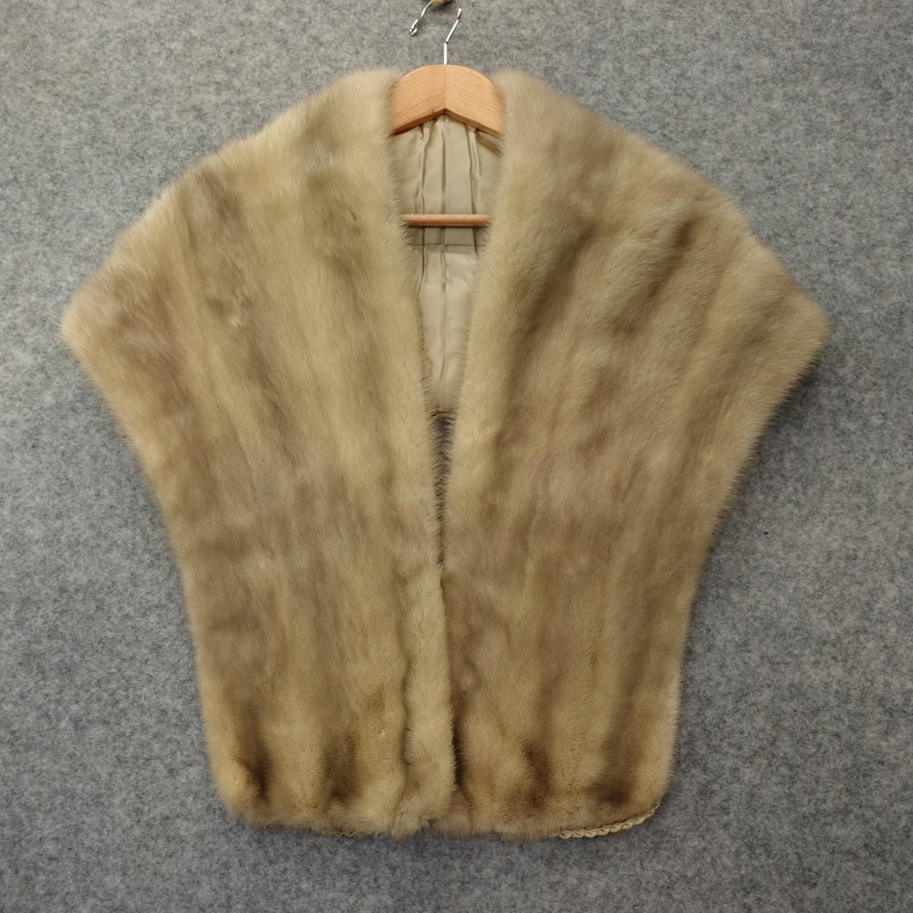 Real Mink Fur Shawl Wrap Womens Champagne Fuzzy Scarf Ribbon Trim Mob Wife 12x48